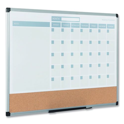 Picture of 3-in-1 Planner Board, Monthly Planning/Scheduling Calendar, 24" x 18", Tan/White/Blue Surface, Satin Aluminum Frame