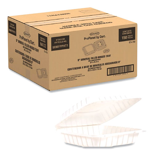 Picture of Hinged Lid Containers, Single Compartment, 9 x 8.8 x 3, White, Plastic, 150/Carton