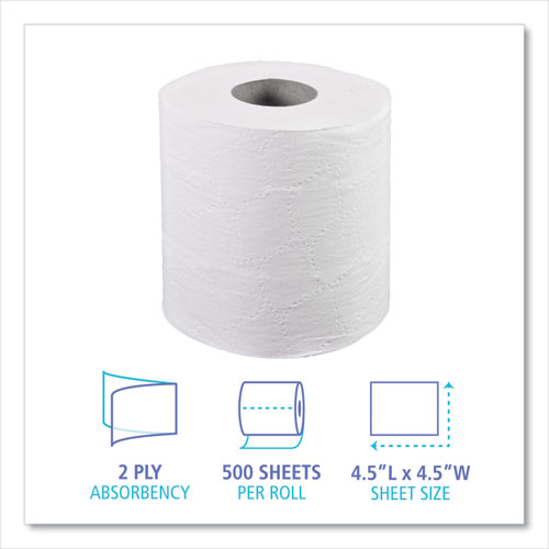 Picture of 2-Ply Toilet Tissue, Septic Safe, White, 4.5 x 4.5, 500 Sheets/Roll, 96 Rolls/Carton