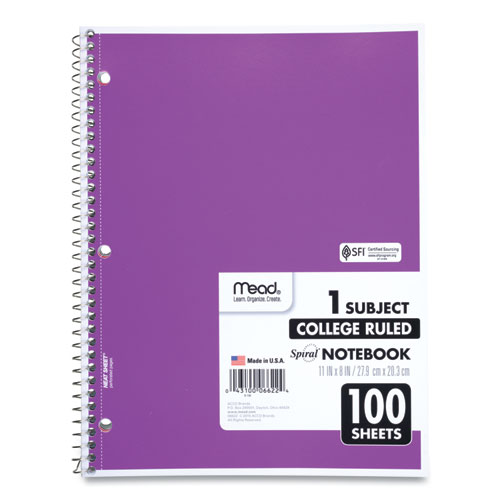 Picture of Spiral Notebook, 3-Hole Punched, 1-Subject, Medium/College Rule, Randomly Assorted Cover Color, (100) 11 x 8 Sheets