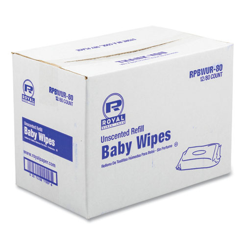 Picture of Baby Wipes Refill Pack, 8 x 7, Unscented, White, 80/Pack, 12 Packs/Carton