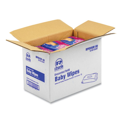 Picture of Baby Wipes Refill Pack, 8 x 7, Unscented, White, 80/Pack, 12 Packs/Carton