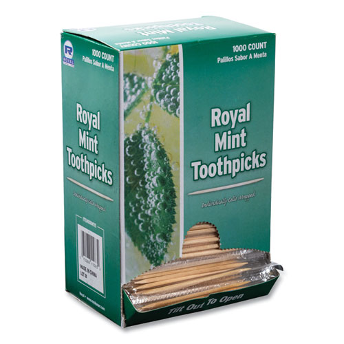 Picture of Mint Cello-Wrapped Wood Toothpicks, 2.5", Natural, 1,000/Box, 15 Boxes/Carton