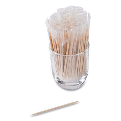 Picture of Mint Cello-Wrapped Wood Toothpicks, 2.5", Natural, 1,000/Box, 15 Boxes/Carton