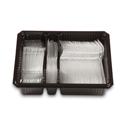 Picture of Combo Pack, Tray with Clear Plastic Utensils, 90 Forks, 30 Knives, 60 Spoons