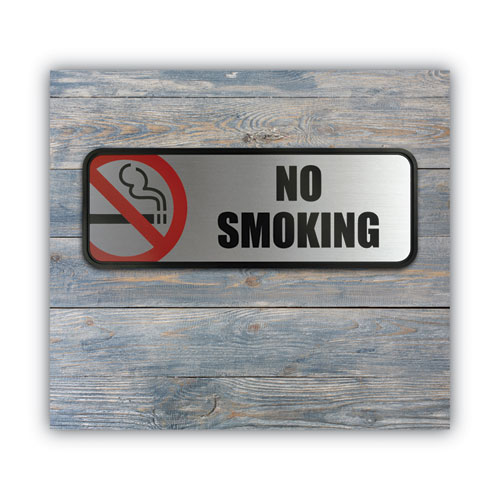 Picture of Brush Metal Office Sign, No Smoking, 9 x 3, Silver/Red