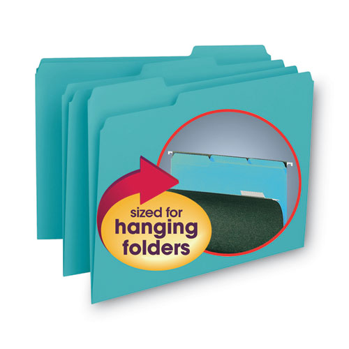 Picture of Interior File Folders, 1/3-Cut Tabs: Assorted, Letter Size, 0.75" Expansion, Aqua, 100/Box