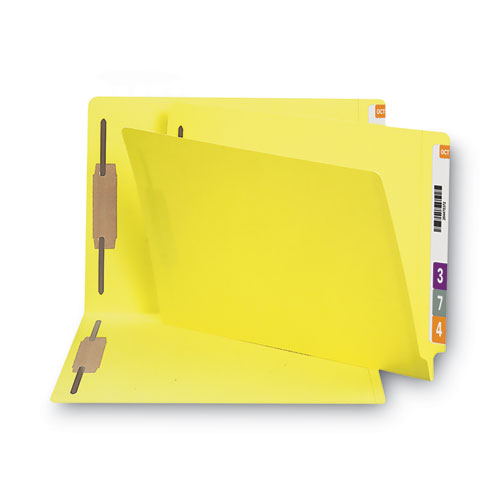 Picture of Heavyweight Colored End Tab Fastener Folders, 0.75" Expansion, 2 Fasteners, Legal Size, Yellow Exterior, 50/Box