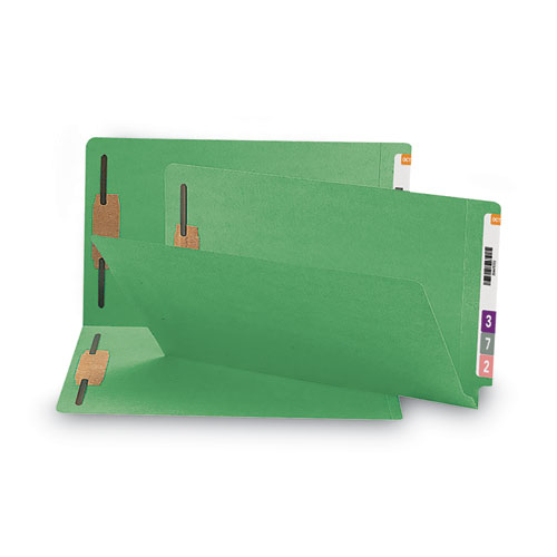 Picture of Heavyweight Colored End Tab Fastener Folders, 0.75" Expansion, 2 Fasteners, Legal Size, Green Exterior, 50/Box