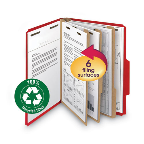 Picture of Recycled Pressboard Classification Folders, 2" Expansion, 2 Dividers, 6 Fasteners, Letter Size, Bright Red, 10/Box