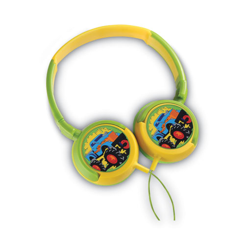 Picture of KiDDiES Monster Truck Design Stereo Earphones, 4 ft Cord, Green/Yellow/Multicolor