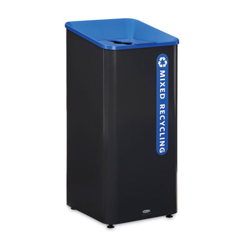 Picture of Sustain Decorative Refuse with Recycling Lid, 23 gal, Metal/Plastic, Black/Blue