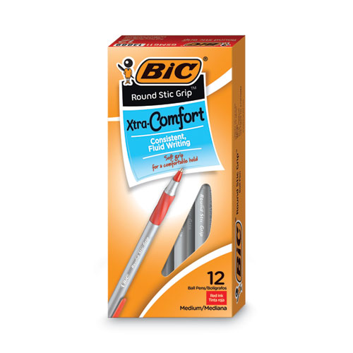 Round+Stic+Grip+Xtra+Comfort+Ballpoint+Pen%2C+Easy-Glide%2C+Stick%2C+Medium+1.2+Mm%2C+Red+Ink%2C+Gray%2Fred+Barrel%2C+Dozen