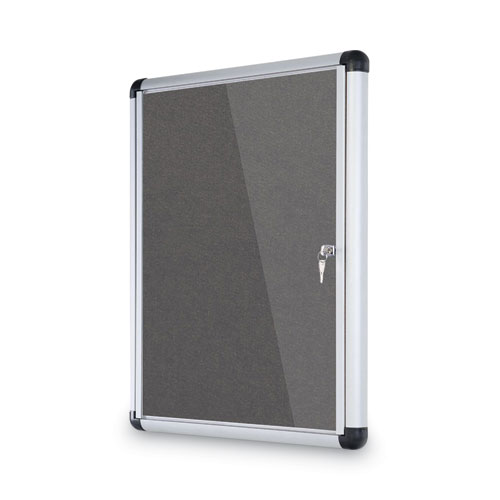 Picture of Slim-Line Enclosed Fabric Bulletin Board with One Door, 28" x 38", Gray Surface, Satin Aluminum Frame