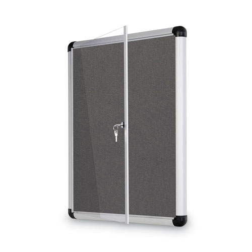 Picture of Slim-Line Enclosed Fabric Bulletin Board with One Door, 28" x 38", Gray Surface, Satin Aluminum Frame