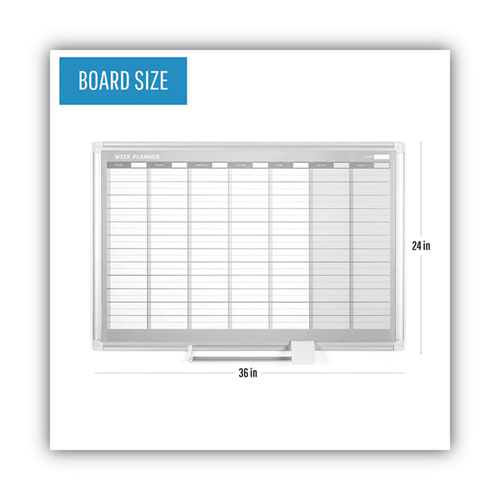 Picture of Magnetic Dry Erase Calendar Board, Weekly Planning/Scheduling, 36" x 24", White Surface, Satin Aluminum Frame