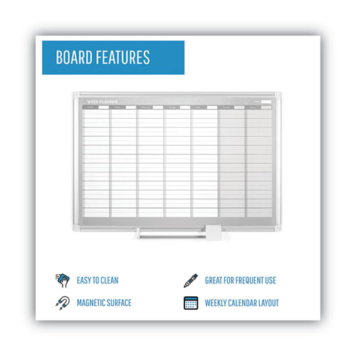 Picture of Magnetic Dry Erase Calendar Board, Weekly Planning/Scheduling, 36" x 24", White Surface, Satin Aluminum Frame