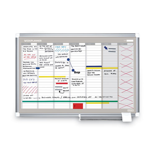 Picture of Magnetic Dry Erase Calendar Board, Weekly Planning/Scheduling, 36" x 24", White Surface, Satin Aluminum Frame