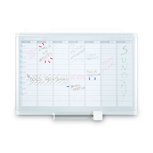 Picture of Magnetic Dry Erase Calendar Board, Weekly Planning/Scheduling, 36" x 24", White Surface, Satin Aluminum Frame