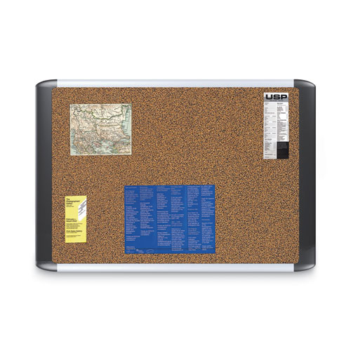 Picture of Tech Cork Board, 48" x 36", Tan Surface, Silver/Black Aluminum Frame