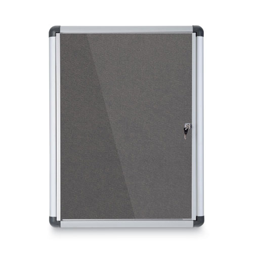 Slim-Line+Enclosed+Fabric+Bulletin+Board%2C+One+Door%2C+28+x+38%2C+Gray+Surface%2C+Aluminum+Frame
