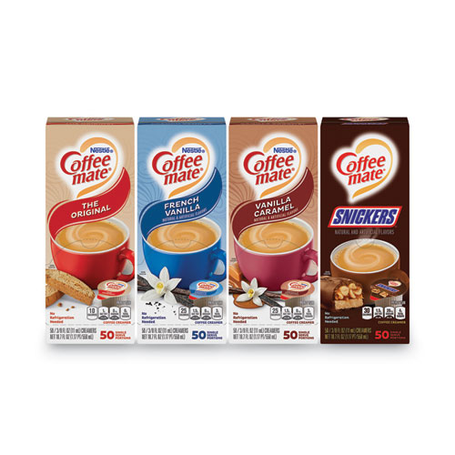 Picture of Liquid Coffee Creamer, Original/French Vanilla/Snickers/Vanilla Caramel, 0.38oz MiniCups, 50/PK,4 PK/CT,Ships in 1-3 Bus Days