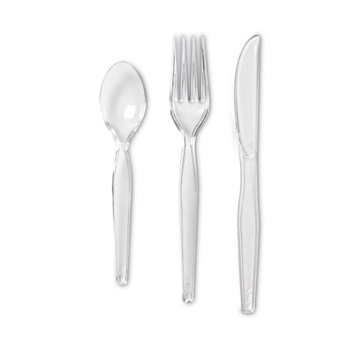 Picture of Cutlery Keeper Tray with Clear Plastic Utensils: 600 Forks, 600 Knives, 600 Spoons