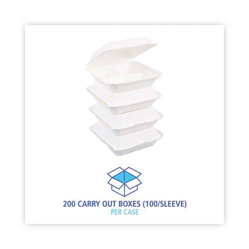 Picture of Bagasse Food Containers, Hinged-Lid, 3-Compartment 9 x 9 x 3.19, White, Sugarcane, 100/Sleeve, 2 Sleeves/Carton
