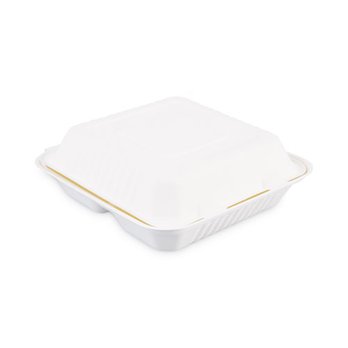 Picture of Bagasse Food Containers, Hinged-Lid, 3-Compartment 9 x 9 x 3.19, White, Sugarcane, 100/Sleeve, 2 Sleeves/Carton