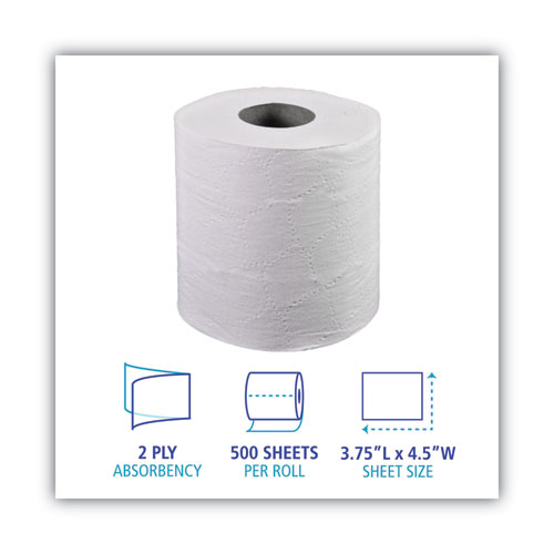 Picture of 2-Ply Toilet Tissue, Septic Safe, White, 156.25 ft Roll Length, 500 Sheets/Roll, 96 Rolls/Carton