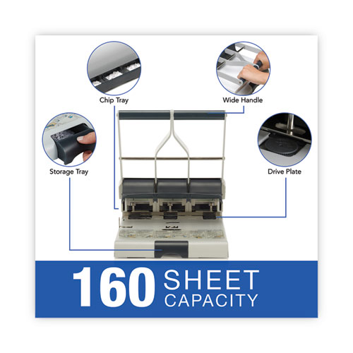 Picture of 160-Sheet Antimicrobial Protected High-Capacity Adjustable Punch, Two- to Three-Hole, 9/32" Holes, Putty/Gray