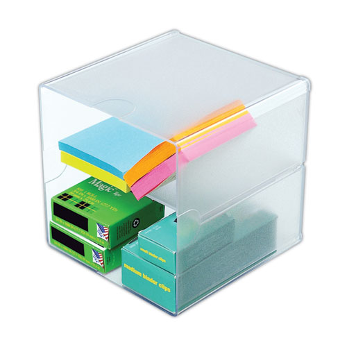 Picture of Stackable Cube Organizer, Divided, 2 Compartments, Plastic, 6 x 6 x 6, Clear