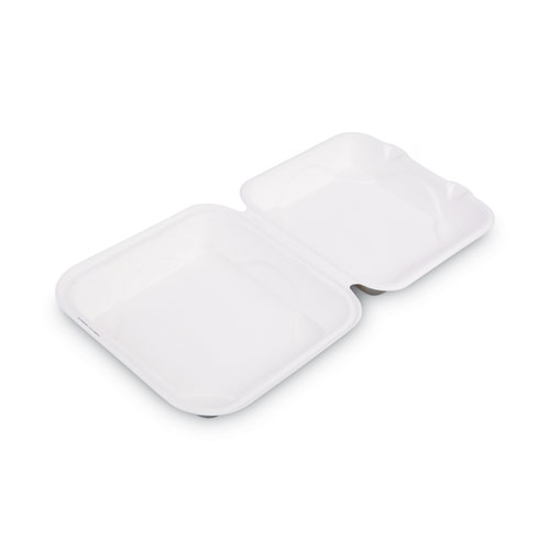 Picture of Bagasse Hinged Clamshell Containers, 9 x 9 x 3, White, Sugarcane, 50/Pack, 4 Packs/Carton