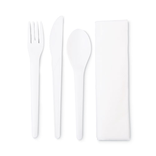 Picture of Plantware Compostable Cutlery Kit, Knife/Fork/Spoon/Napkin, 6", Pearl White, 250 Kits/Carton