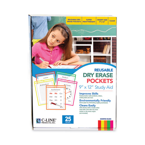 Picture of Reusable Dry Erase Pockets, 9 x 12, Assorted Neon Colors, 25/Box