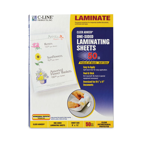 Picture of Cleer Adheer Self-Adhesive Laminating Film, 3 mil, 9" x 12", Gloss Clear, 50/Box