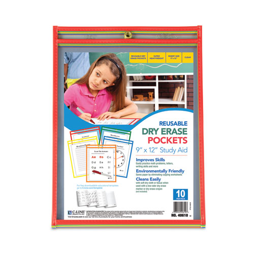 Picture of Reusable Dry Erase Pockets, 9 x 12, Assorted Primary Colors, 10/Pack
