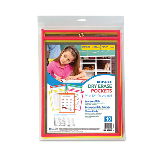 Picture of Reusable Dry Erase Pockets, 9 x 12, Assorted Neon Colors, 10/Pack