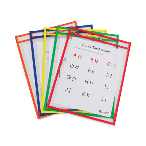 Picture of Reusable Dry Erase Pockets, 9 x 12, Assorted Primary Colors, 10/Pack