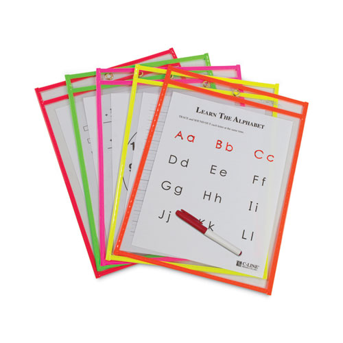 Picture of Reusable Dry Erase Pockets, 9 x 12, Assorted Neon Colors, 10/Pack