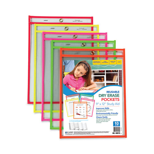 Picture of Reusable Dry Erase Pockets, 9 x 12, Assorted Neon Colors, 10/Pack