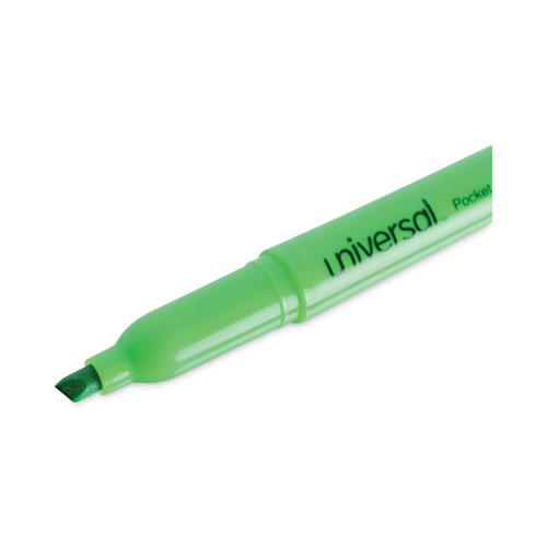 Picture of Pocket Highlighters, Fluorescent Green Ink, Chisel Tip, Green Barrel, Dozen