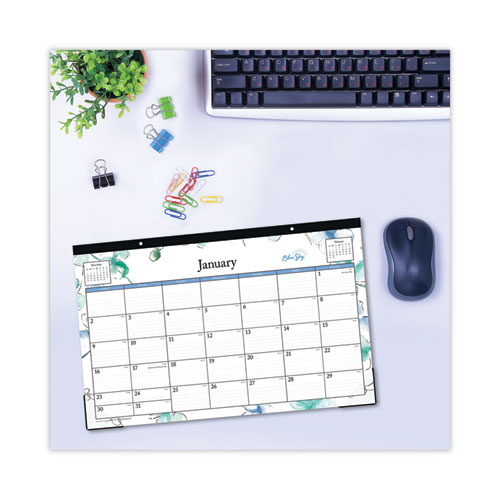 Picture of Lindley Desk Pad, Floral Artwork, 17 x 11, White/Blue/Green Sheets, Black Binding, Clear Corners, 12-Month (Jan to Dec): 2025