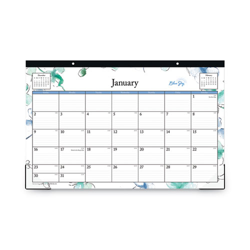 Picture of Lindley Desk Pad, Floral Artwork, 17 x 11, White/Blue/Green Sheets, Black Binding, Clear Corners, 12-Month (Jan to Dec): 2025