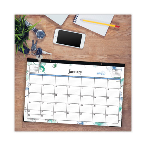 Picture of Lindley Desk Pad, Floral Artwork, 17 x 11, White/Blue/Green Sheets, Black Binding, Clear Corners, 12-Month (Jan to Dec): 2025