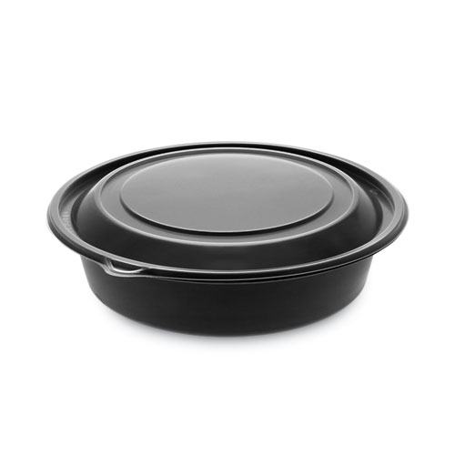 Picture of EarthChoice MealMaster Container with Lid, 32 oz, 8" dia x 2.12" h, 1-Compartment, Black/Clear, Plastic, 250/Carton