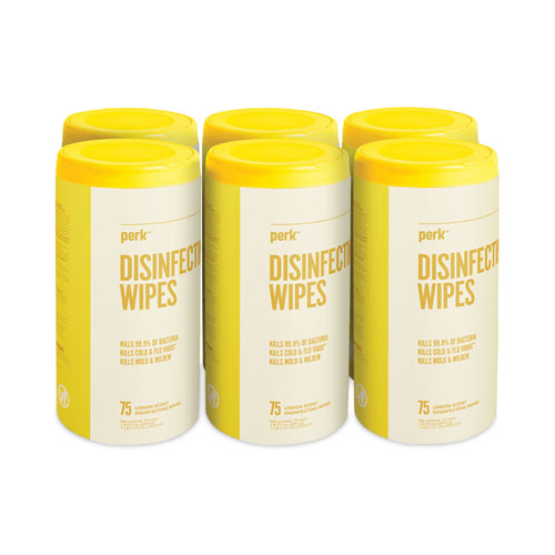 Picture of Disinfecting Wipes, 7 x 8, Lemon, White, 75 Wipes/Canister, 6 Canisters/Carton
