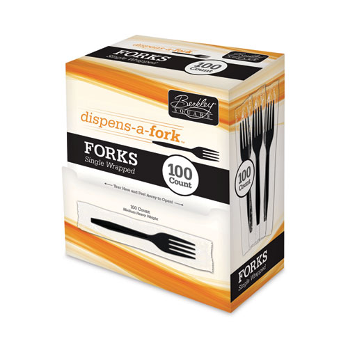 Picture of Dispens-a-Fork, Individually Wrapped, Mediumweight, Plastic, Black, 100/Box