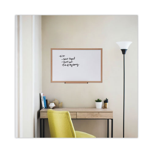 Picture of Deluxe Melamine Dry Erase Board, 36" x 24", White Surface, Oak Finished Fiberboard (MDF) Frame