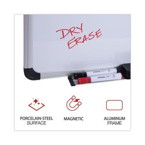 Picture of Deluxe Porcelain Magnetic Dry Erase Board, 48" x 36", White Surface, Silver/Black Aluminum Frame